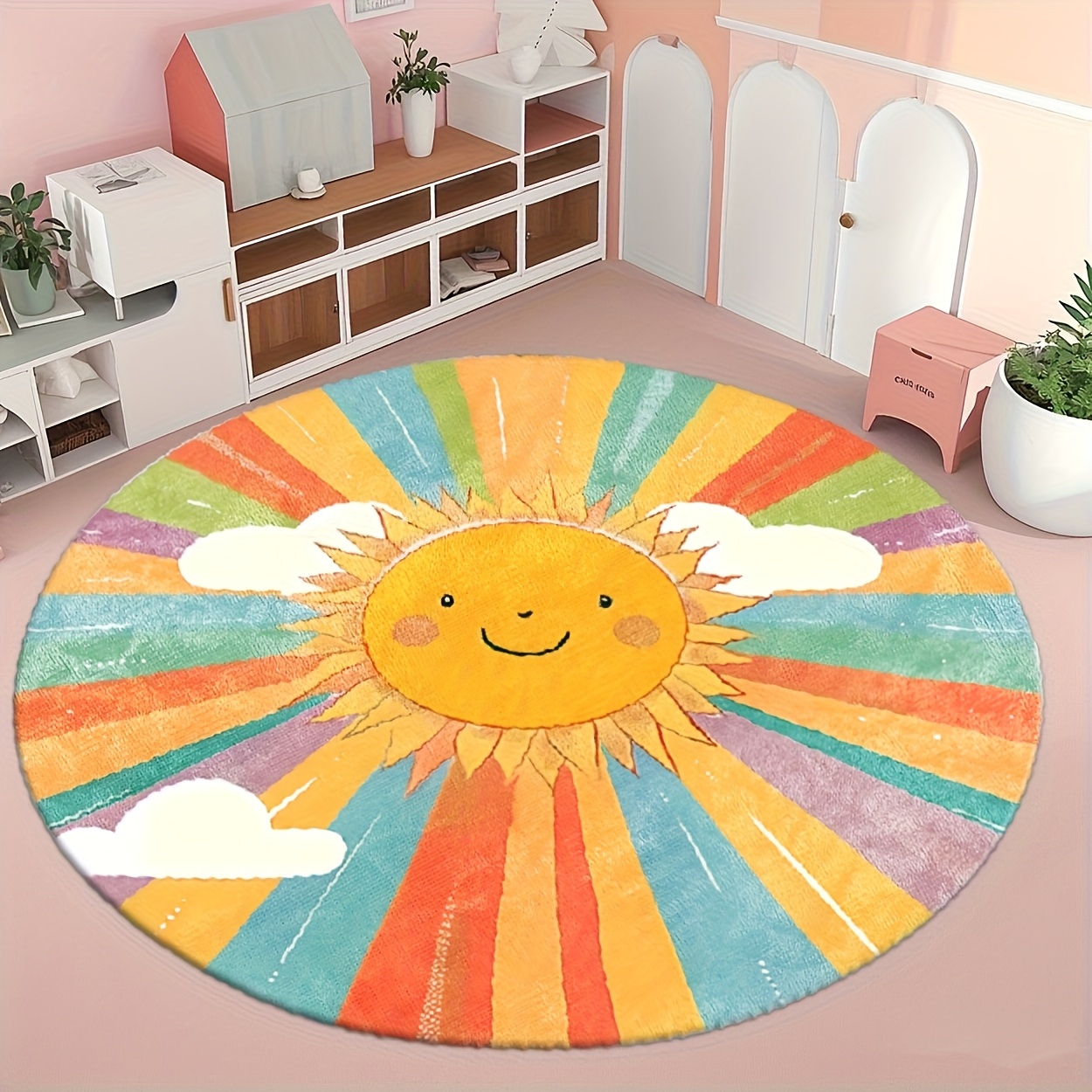 かわいい丸いサンレインボー柄のぬいぐるみラグマット、子供部屋 - Baby Nursery Themes Boy のレビューと価格