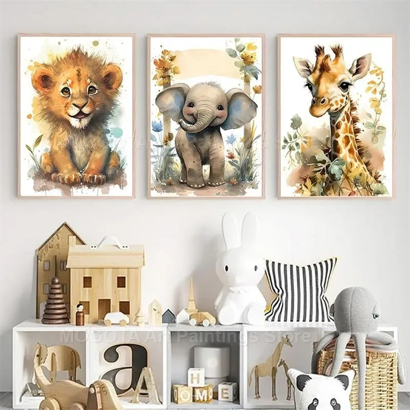 水彩ライオンキリン虎象シマウマ保育園壁アートキャンバス絵画動 - Baby Nursery Paintings のレビューと価格