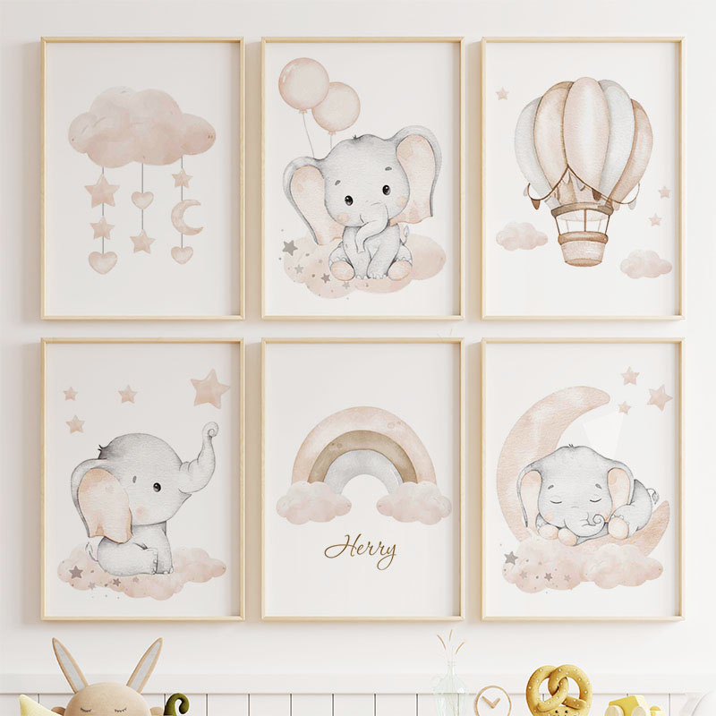 かわいい象熱気球ムーン虹雲保育園壁アートキャンバス絵画ポスタ - Baby Nursery Modern のレビューと価格