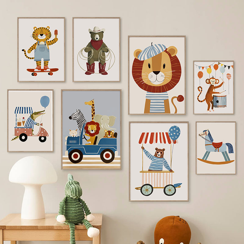 面白い漫画の動物車風船保育園ウォールアートキャンバス絵画ライ - Baby Nursery Paintings のレビューと価格