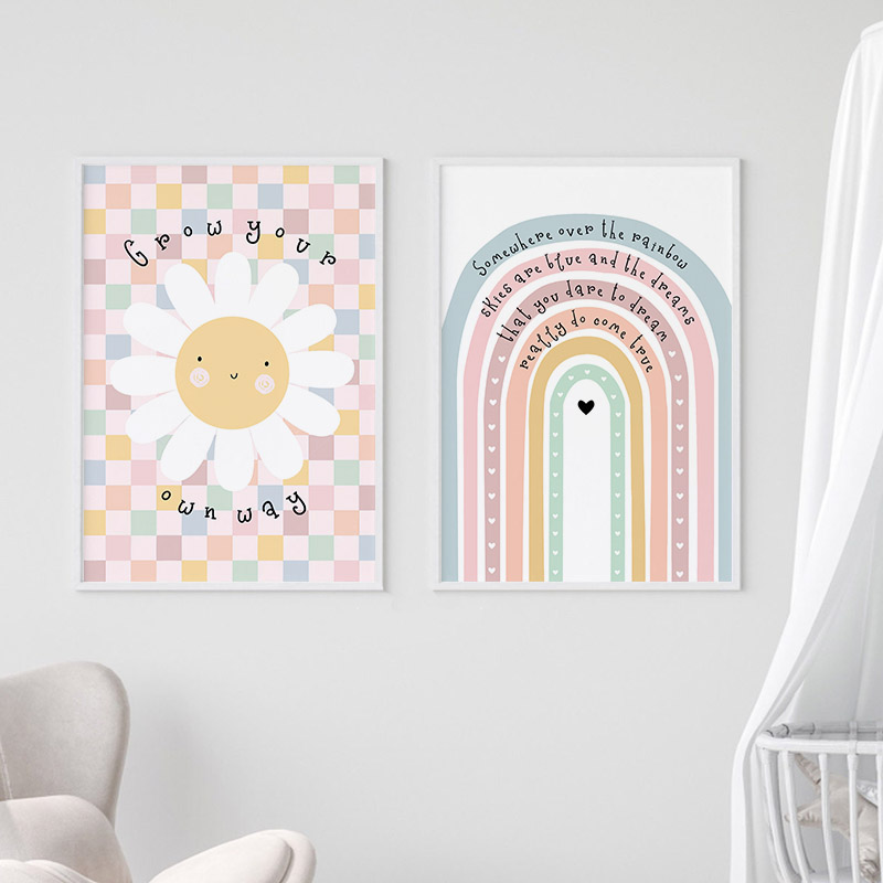 保育園の壁画,北欧の漫画のポスター,太陽,花,虹,雲,ハート - Baby Nursery Paintings のレビューと価格